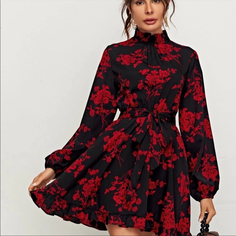 *Last One* SHEIN Bohemian Dream Red and Black Ruffled Mini Dress - Picture 4 of 7